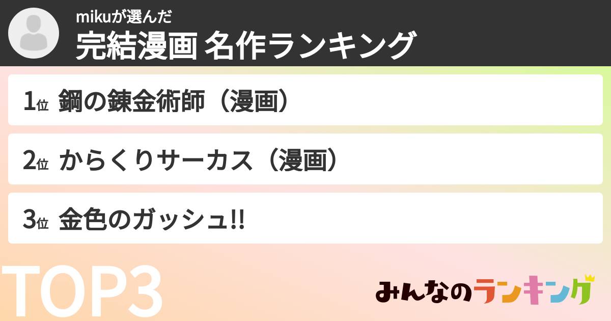 mikuさんの「完結漫画 名作ランキング」