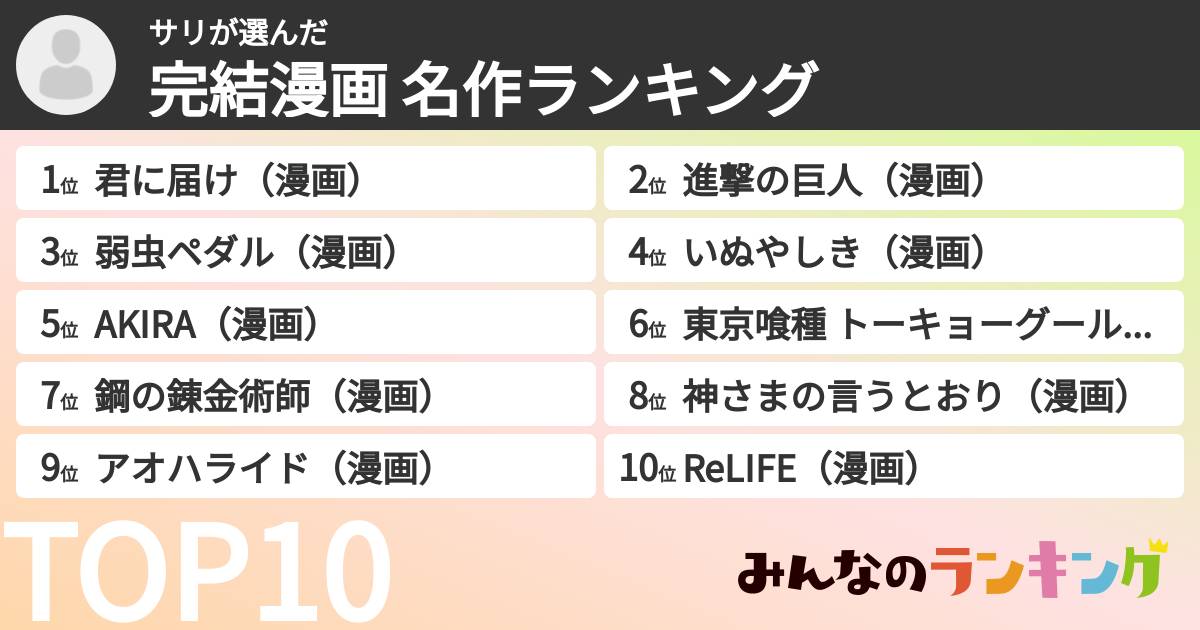 サリさんの「完結漫画 名作ランキング」