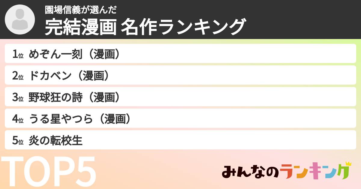園場信義さんの「完結漫画 名作ランキング」