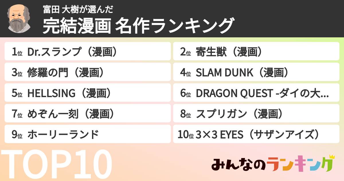 富田 大樹さんの「完結漫画 名作ランキング」