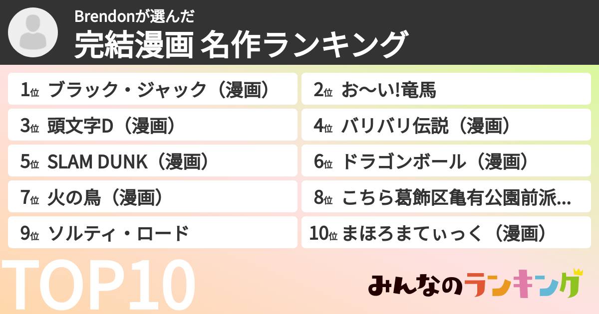 Brendonさんの「完結漫画 名作ランキング」