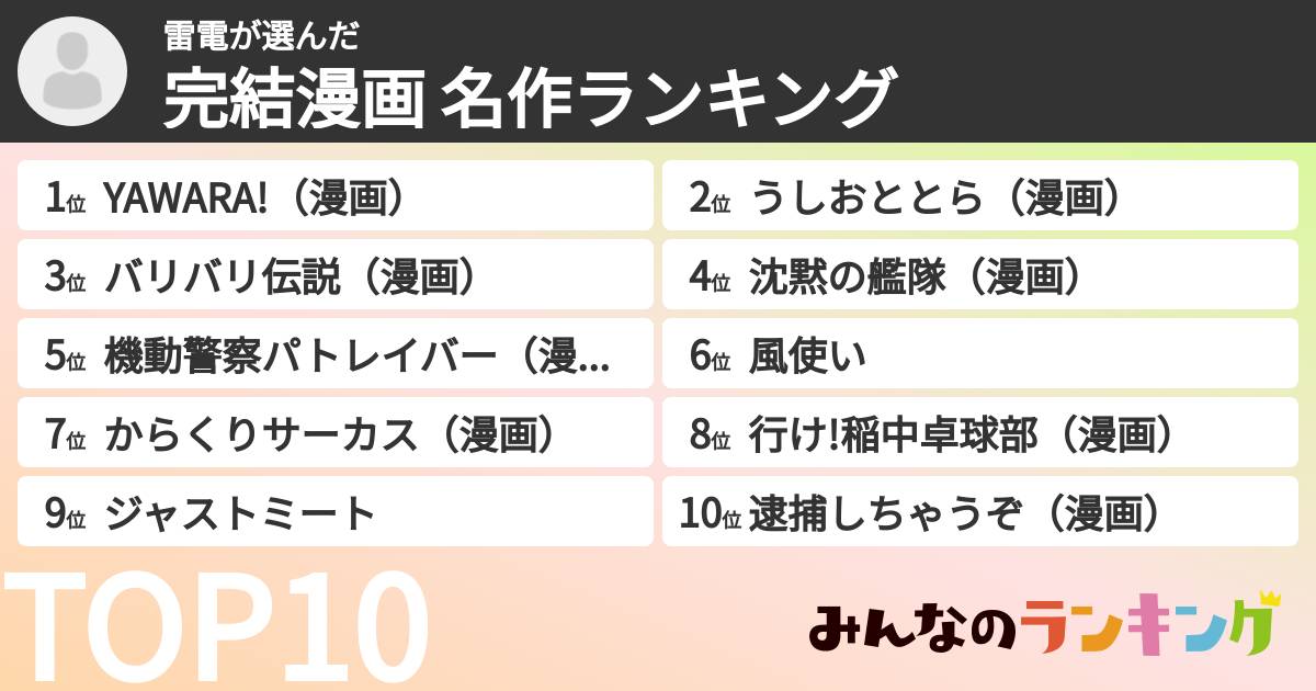 雷電さんの「完結漫画 名作ランキング」