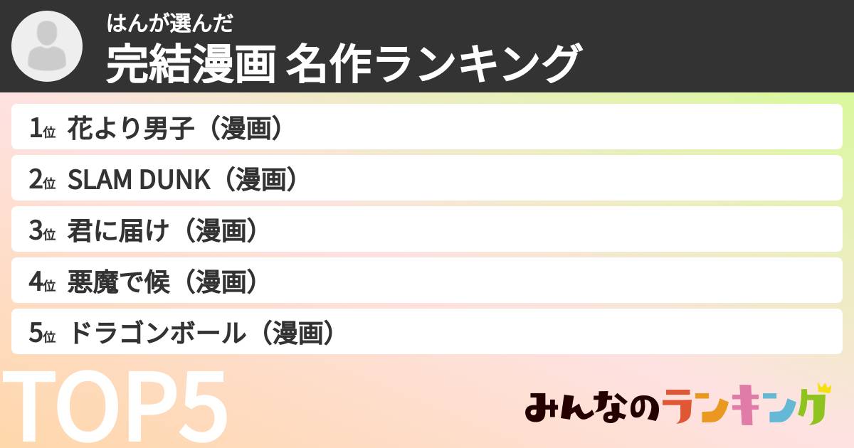 はんさんの「完結漫画 名作ランキング」