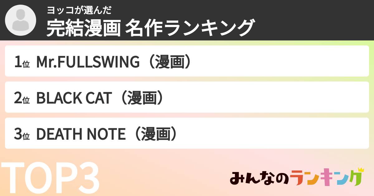 ヨッコさんの「完結漫画 名作ランキング」