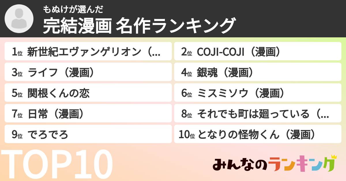 もぬけさんの「完結漫画 名作ランキング」