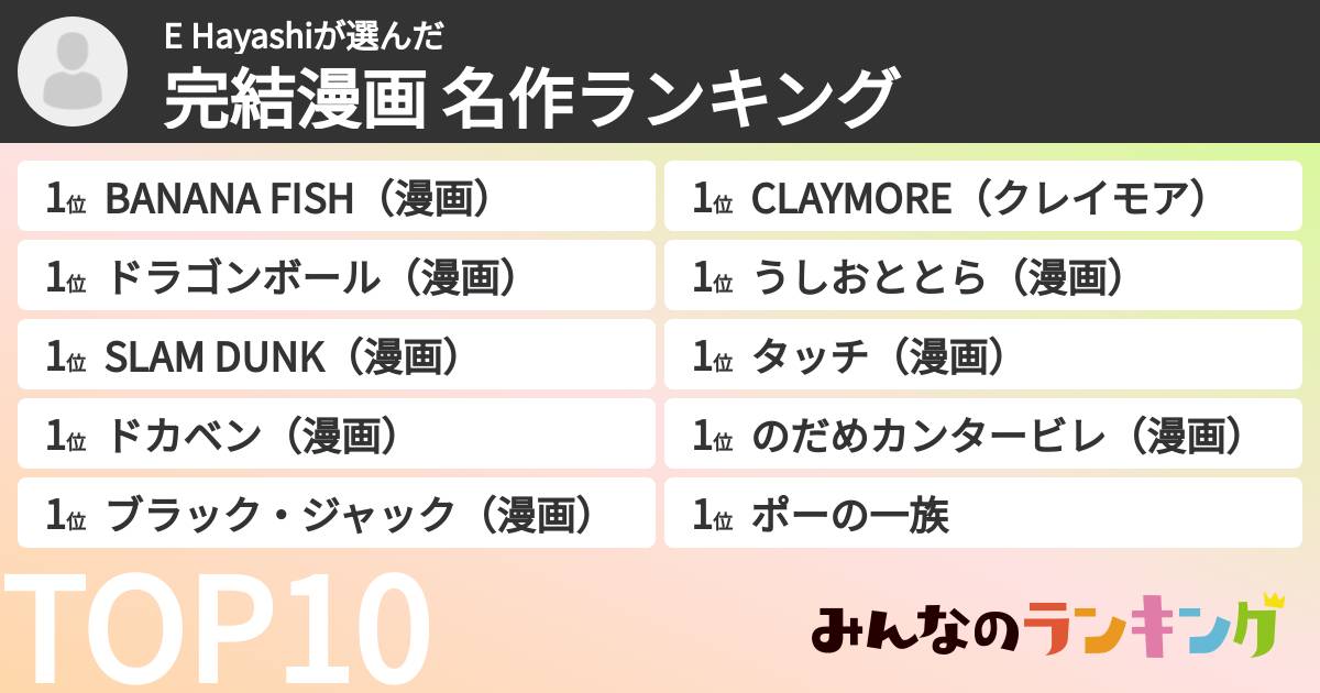E Hayashiさんの「完結漫画 名作ランキング」
