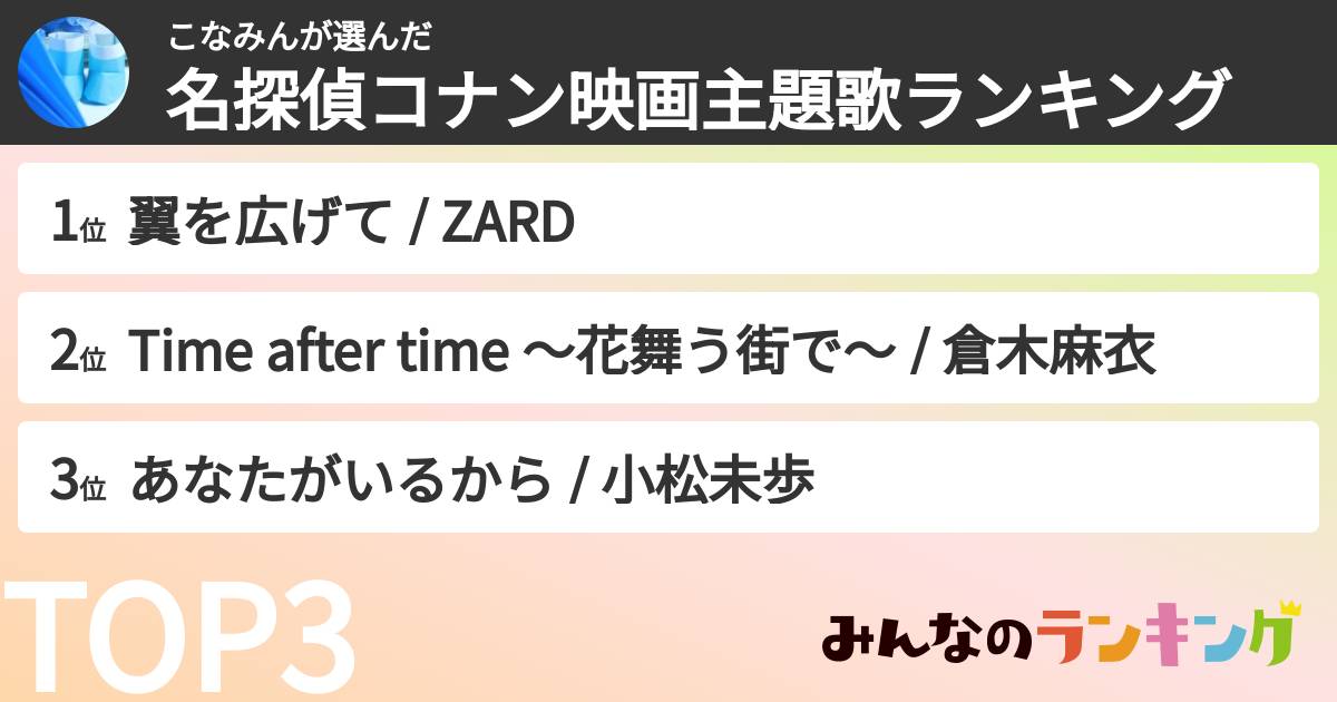 こなみんさんの「名探偵コナン映画主題歌ランキング」