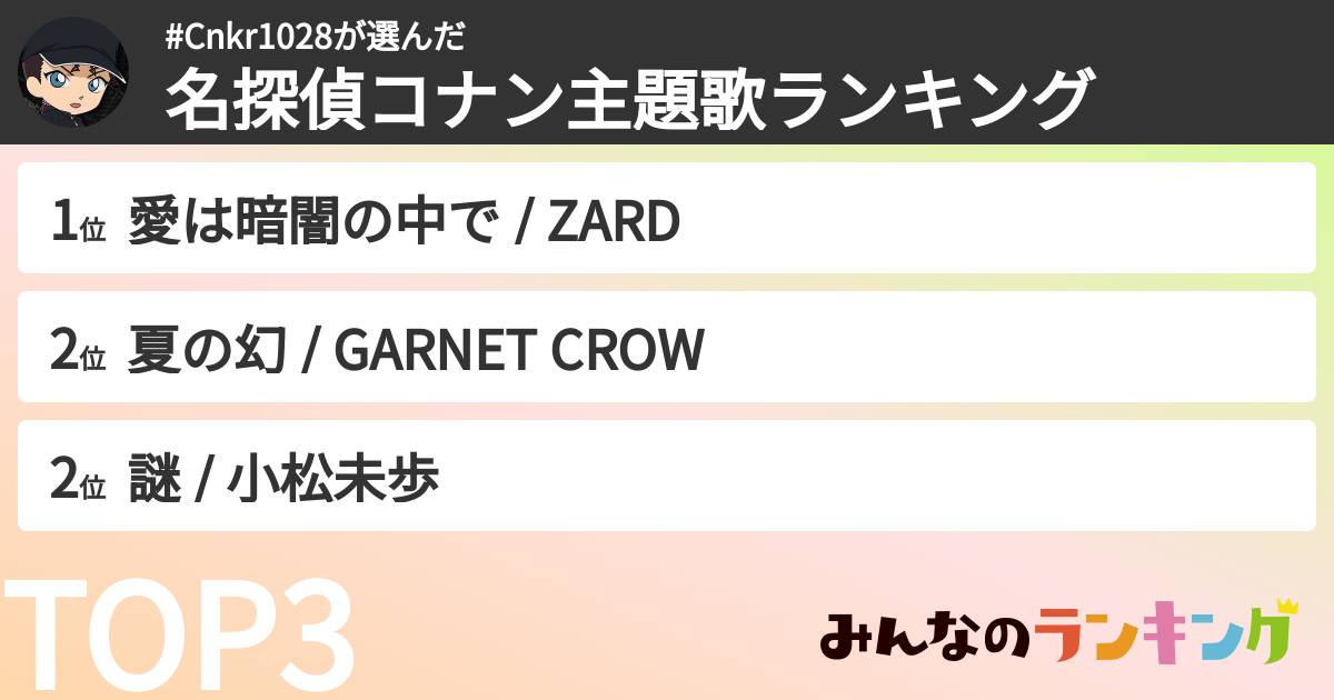 #Cnkr1028さんの「名探偵コナン主題歌ランキング」