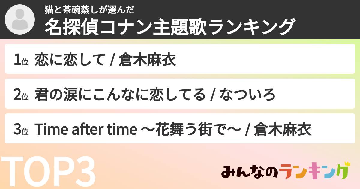 猫と茶碗蒸しさんの「名探偵コナン主題歌ランキング」