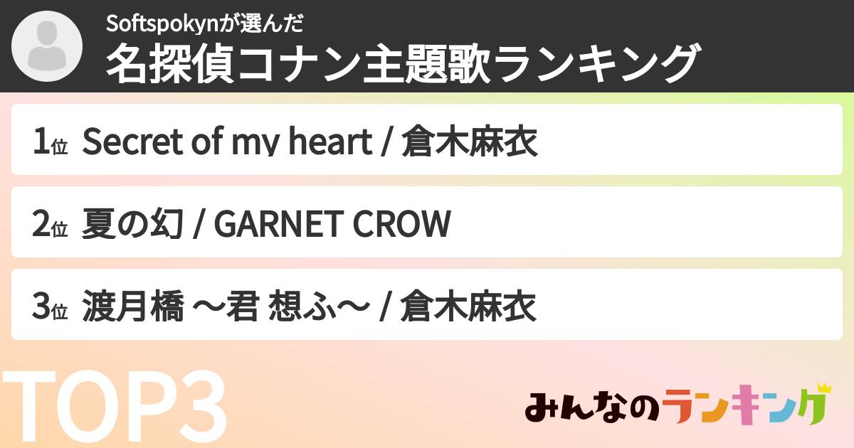 Softspokynさんの「名探偵コナン主題歌ランキング」