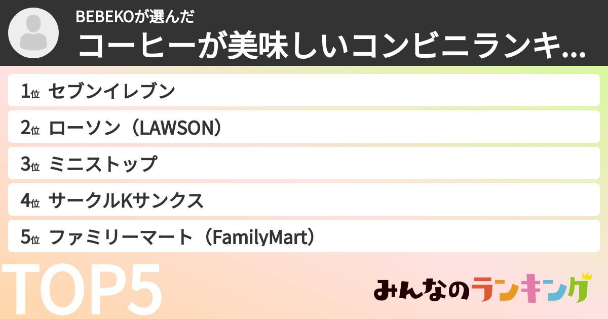 BEBEKOさんの「コーヒーが美味しいコンビニランキング」