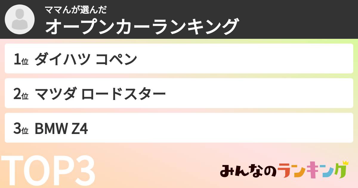 ママんさんの「オープンカーランキング」