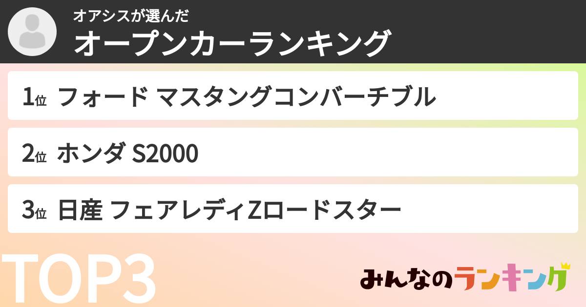 オアシスさんの「オープンカーランキング」