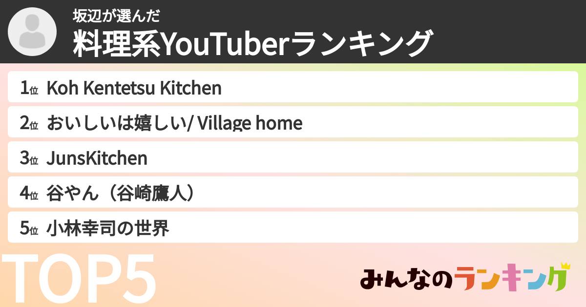 坂辺さんの「料理系YouTuberランキング」