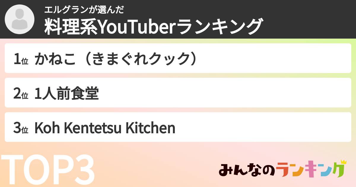 エルグランさんの「料理系YouTuberランキング」