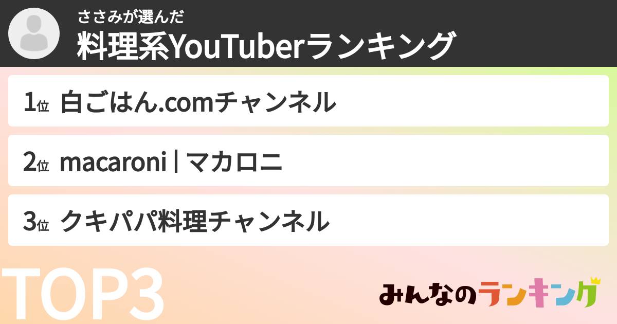 ささみさんの「料理系YouTuberランキング」