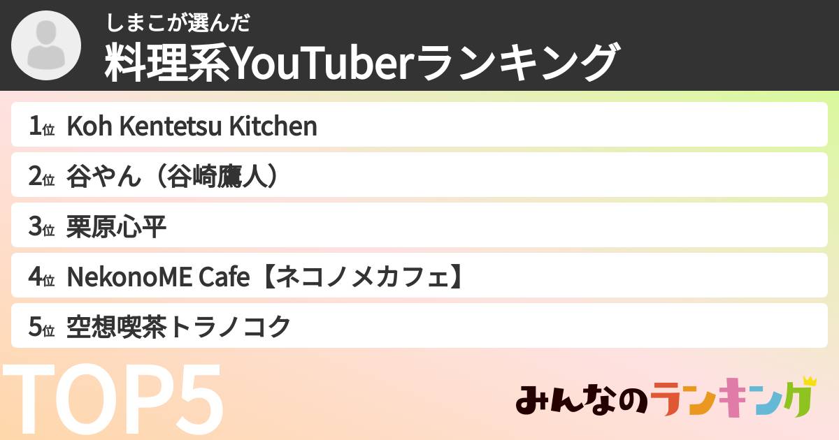 しまこさんの「料理系YouTuberランキング」