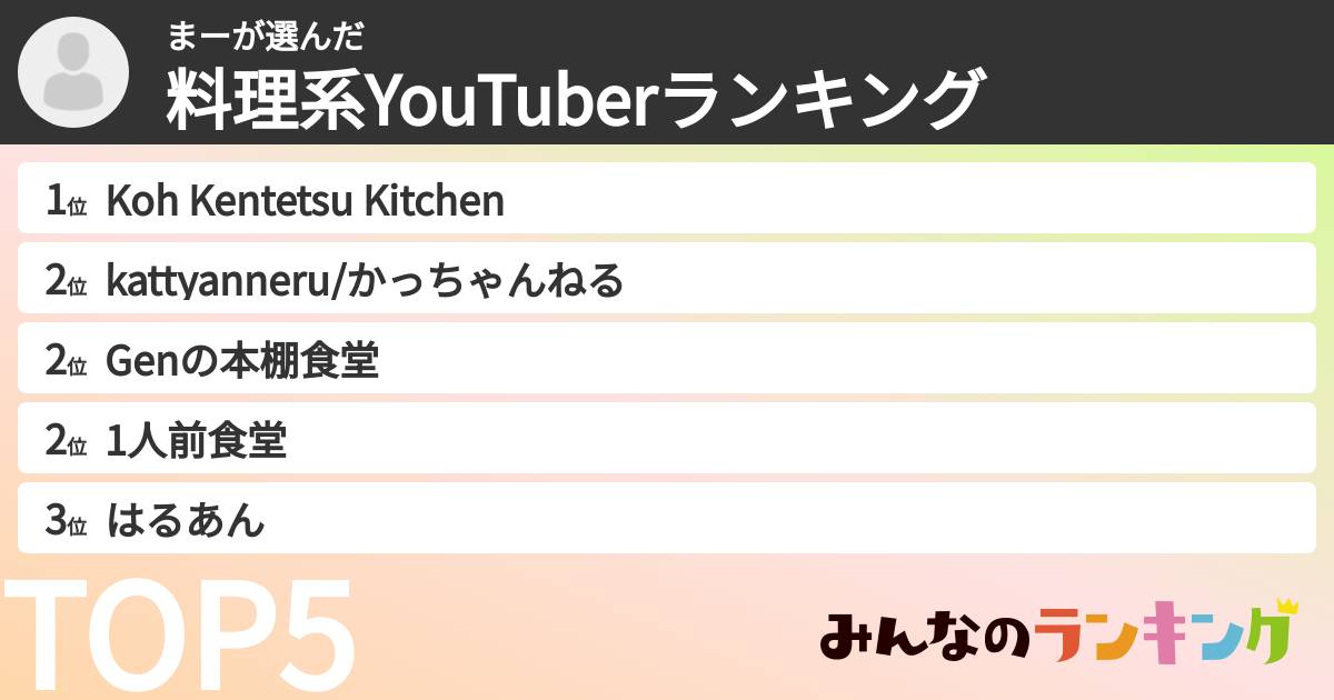 まーさんの「料理系YouTuberランキング」