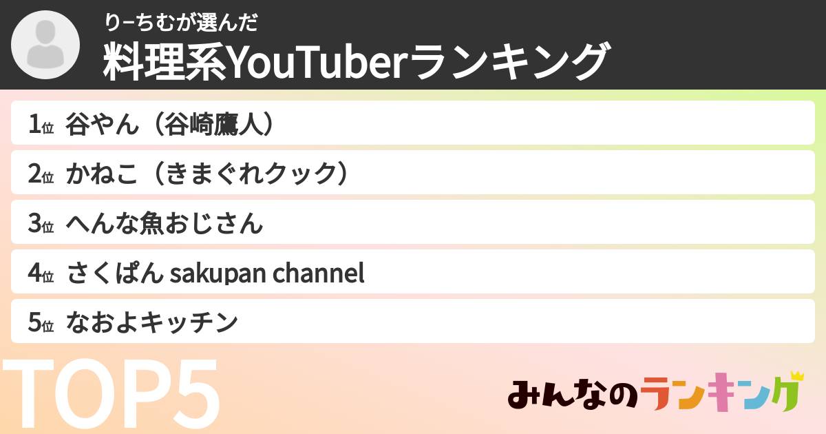 り−ちむさんの「料理系YouTuberランキング」