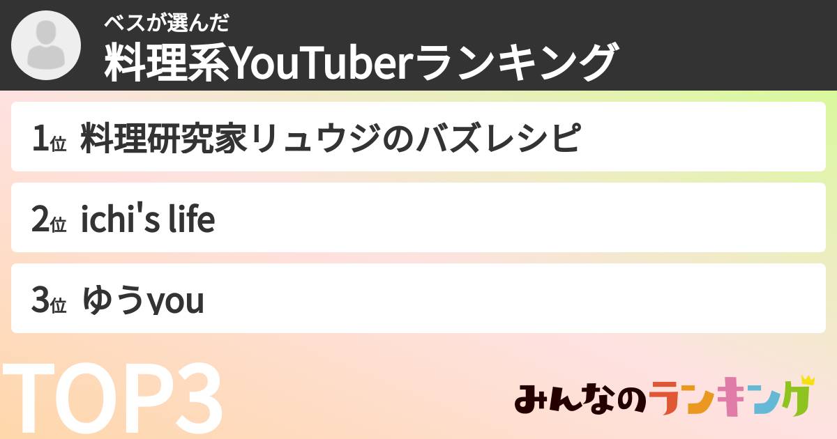 ベスさんの「料理系YouTuberランキング」