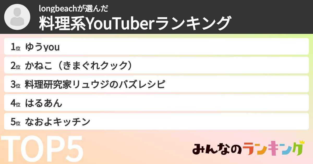 longbeachさんの「料理系YouTuberランキング」
