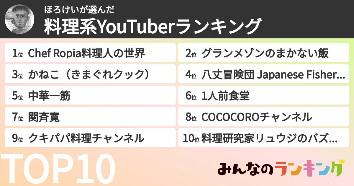 ほろけいさんの「料理系YouTuberランキング」