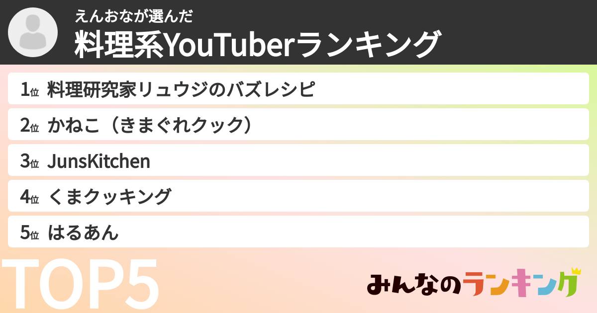 えんおなさんの「料理系YouTuberランキング」
