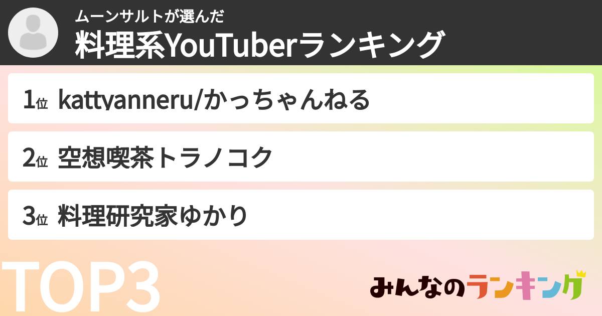 ムーンサルトさんの「料理系YouTuberランキング」