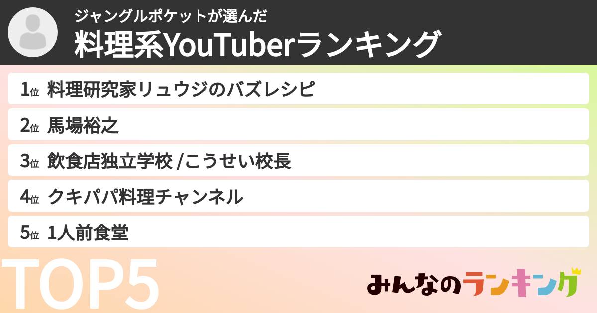 ジャングルポケットさんの「料理系YouTuberランキング」