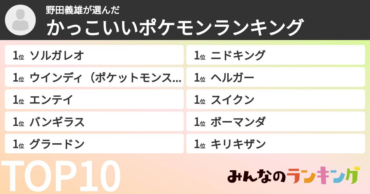 野田義雄さんの「かっこいいポケモンランキング」