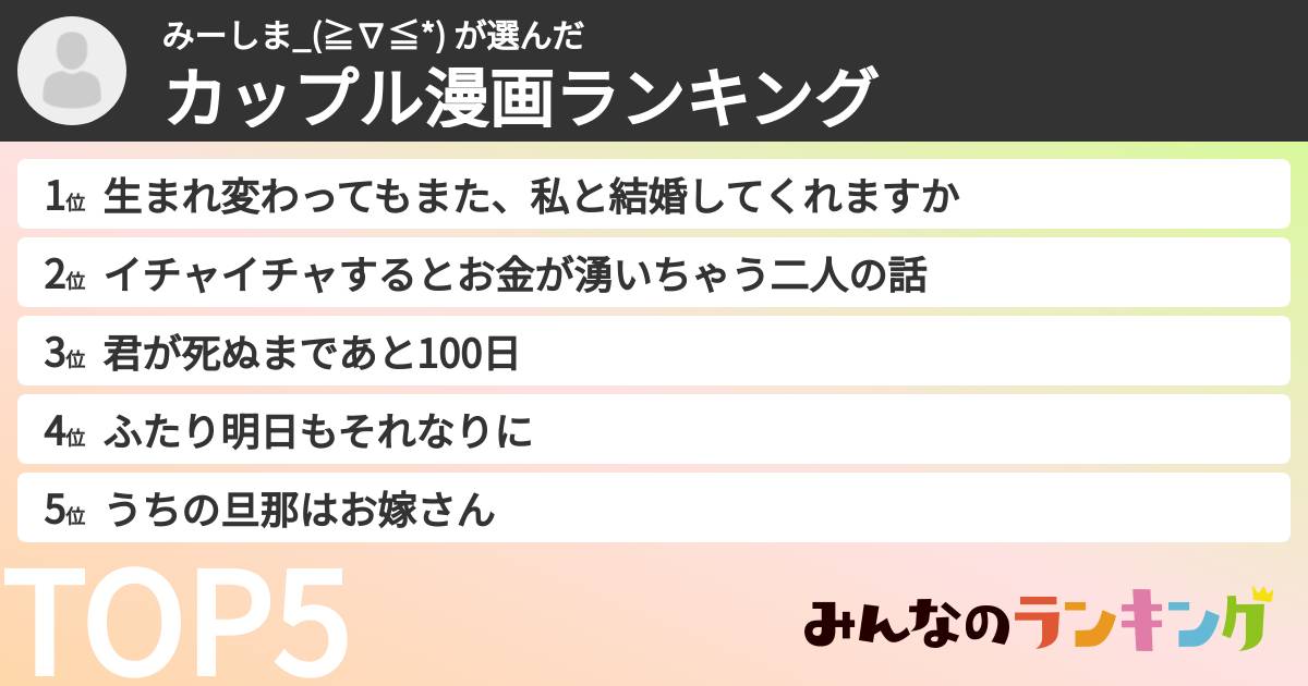 みーしま_(≧∇≦*) さんの「カップル漫画ランキング」