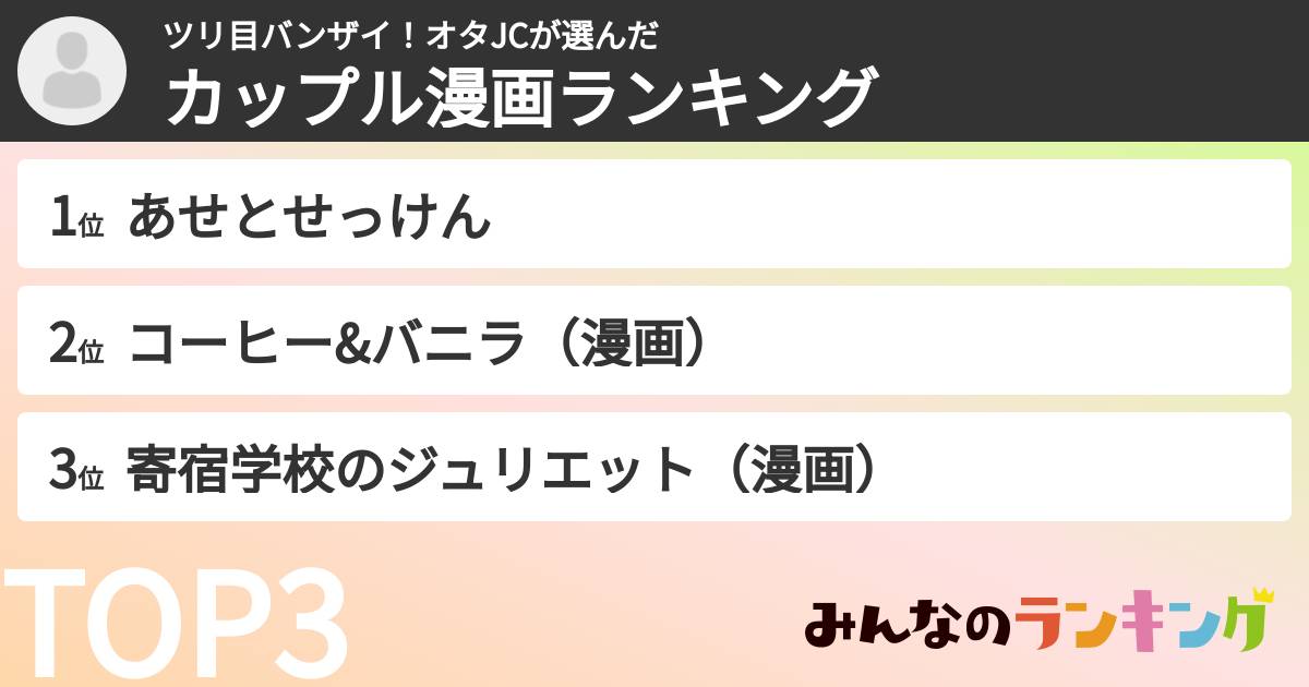ツリ目バンザイ！オタJCさんの「カップル漫画ランキング」