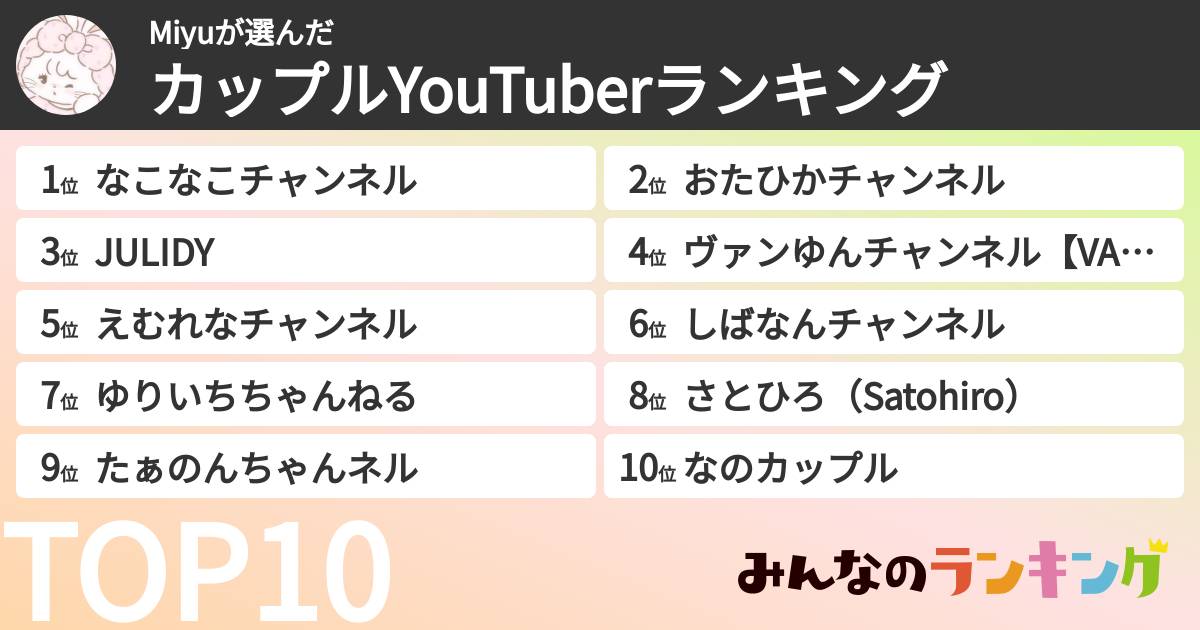 Miyuさんの「カップルYouTuberランキング」