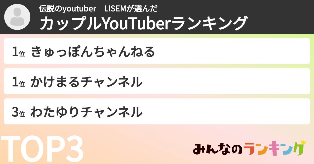 伝説のyoutuber　LISEMさんの「カップルYouTuberランキング」