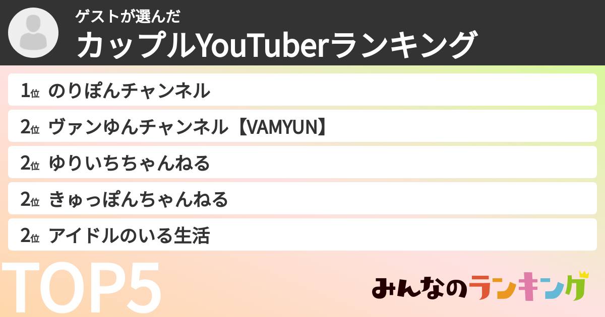 ゲストさんの「カップルYouTuberランキング」