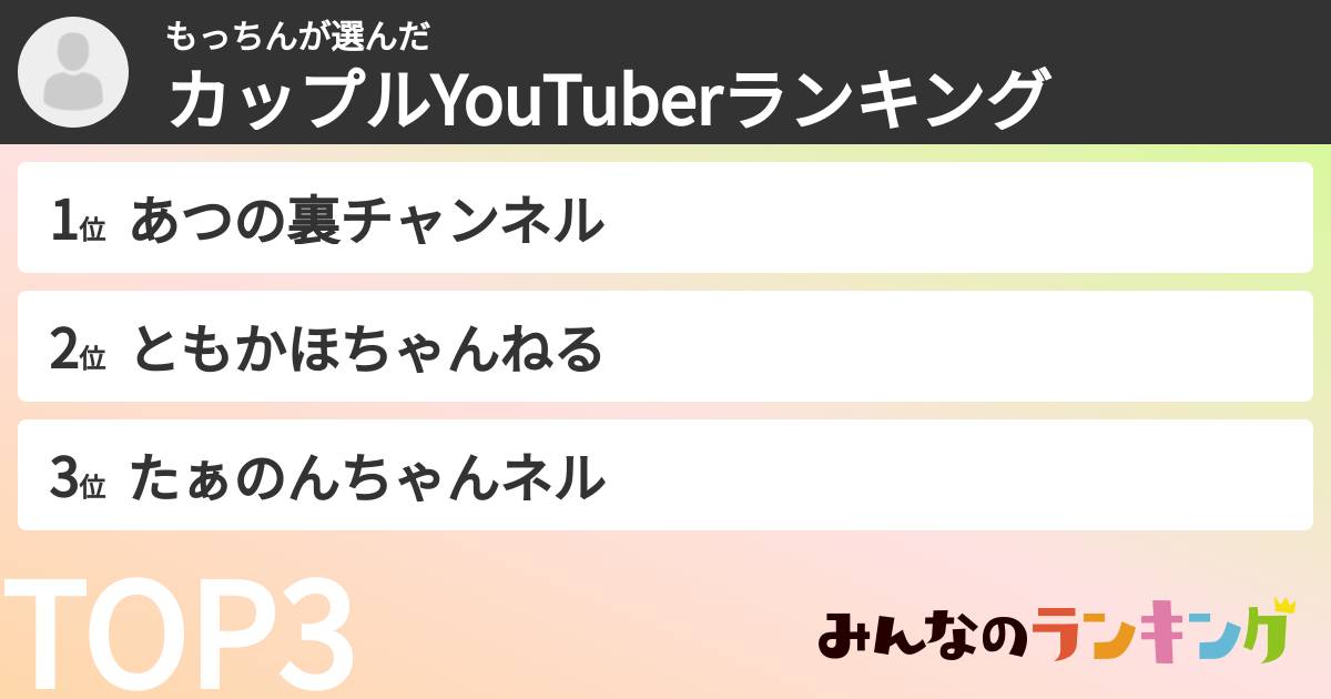 もっちんさんの「カップルYouTuberランキング」