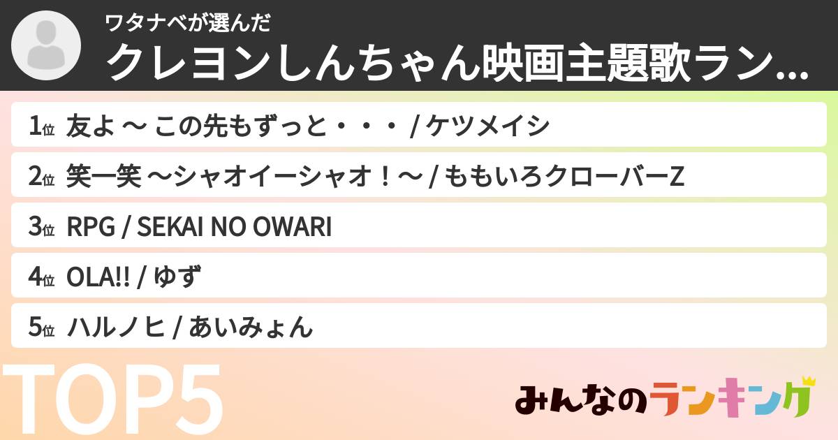 ワタナベさんの「クレヨンしんちゃん映画主題歌ランキング」