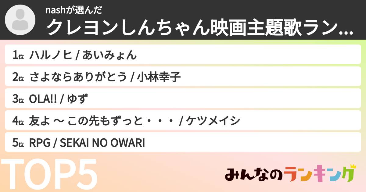 nashさんの「クレヨンしんちゃん映画主題歌ランキング」