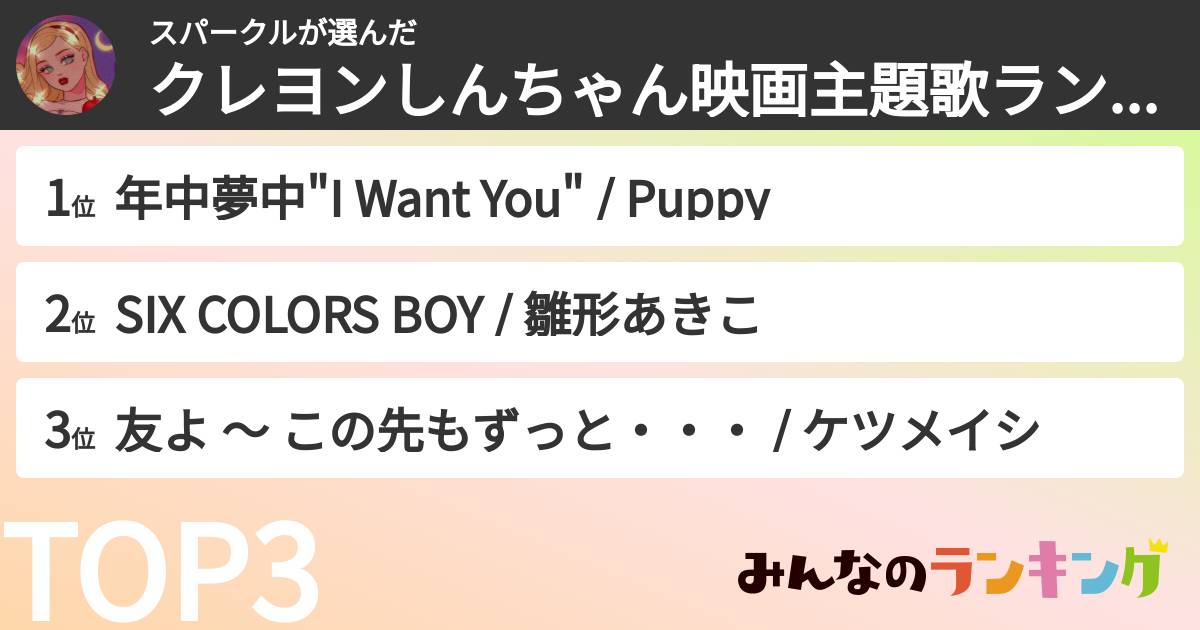 スパークルさんの「クレヨンしんちゃん映画主題歌ランキング」