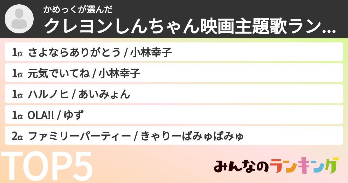 かめっくさんの「クレヨンしんちゃん映画主題歌ランキング」