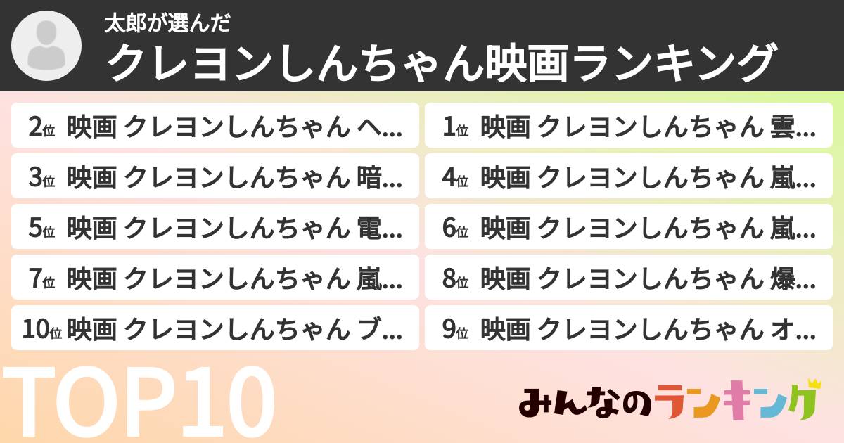 太郎さんの「クレヨンしんちゃん映画ランキング」