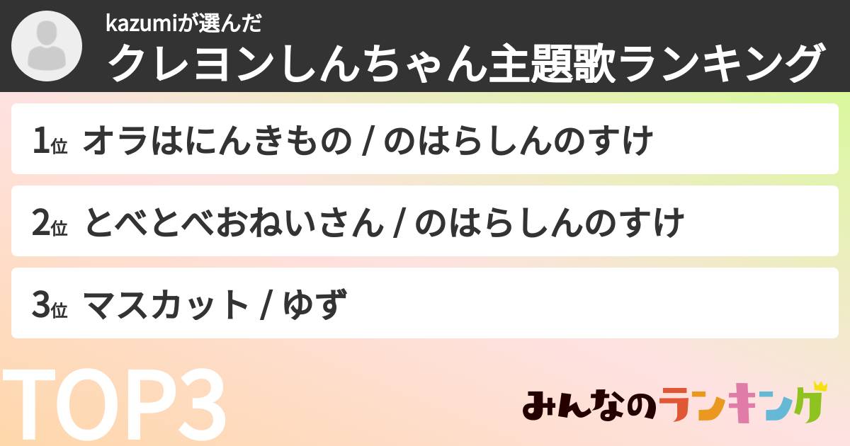 kazumiさんの「クレヨンしんちゃん主題歌ランキング」