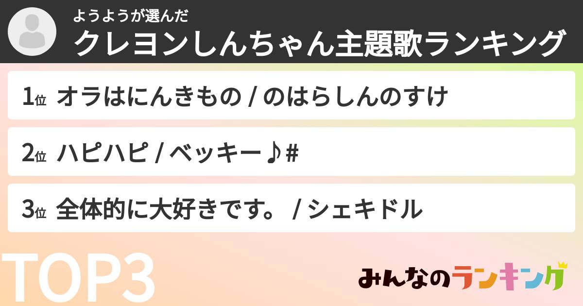 ようようさんの「クレヨンしんちゃん主題歌ランキング」