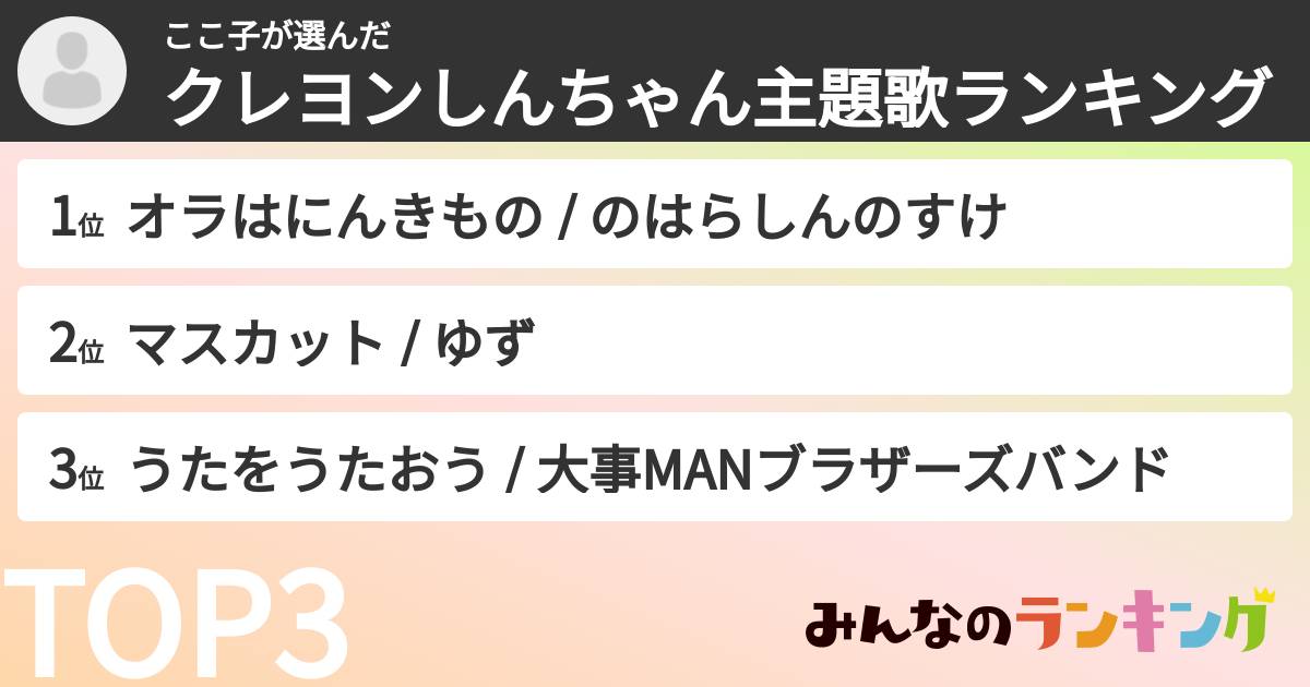 ここ子さんの「クレヨンしんちゃん主題歌ランキング」
