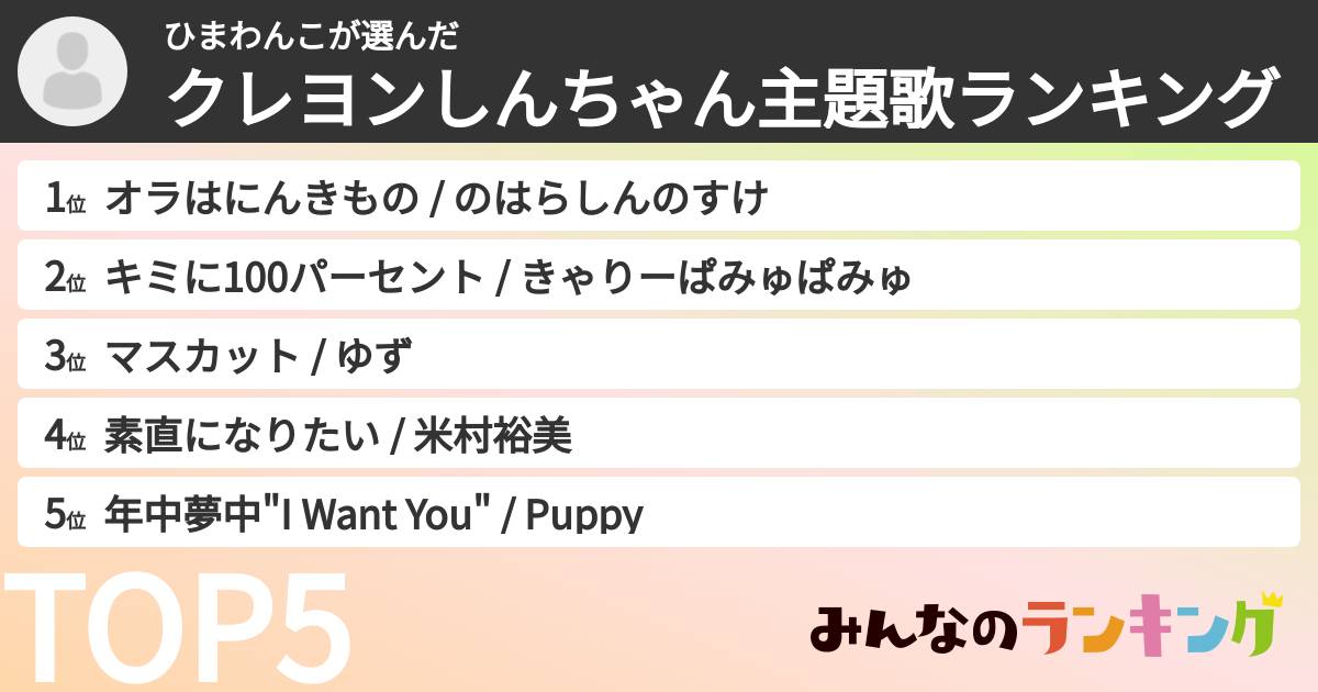 ひまわんこさんの「クレヨンしんちゃん主題歌ランキング」
