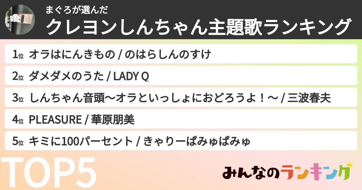 まぐろさんの「クレヨンしんちゃん主題歌ランキング」