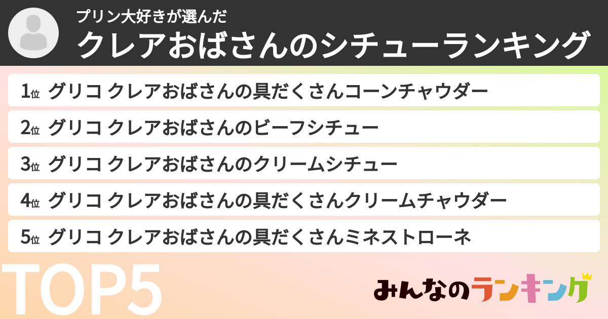 プリン大好きさんの「クレアおばさんのシチューランキング」