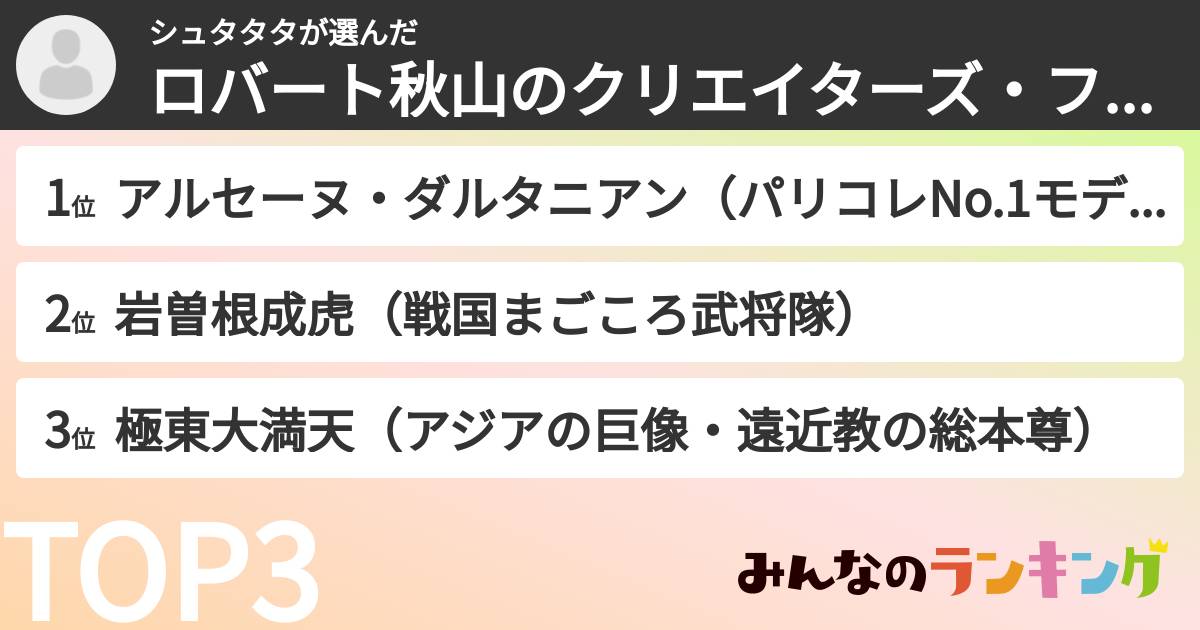 シュタタタさんの「ロバート秋山のクリエイターズ・ファイルキャラランキング」