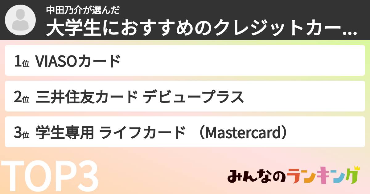 中田乃介さんの「大学生におすすめのクレジットカードランキング」