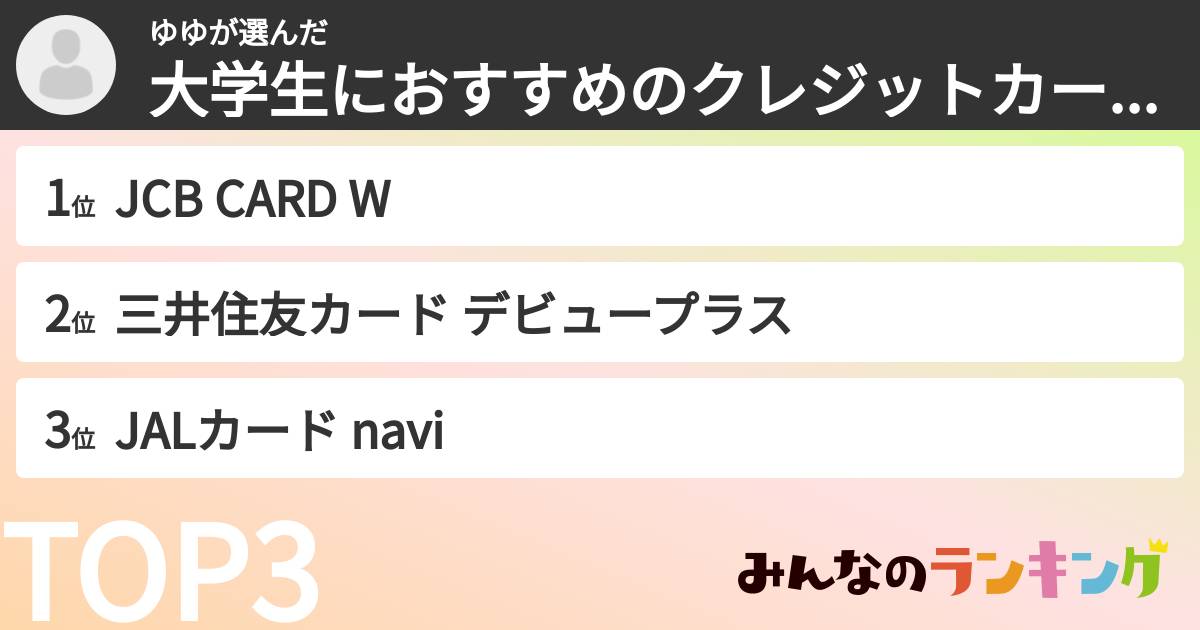 ゆゆさんの「大学生におすすめのクレジットカードランキング」